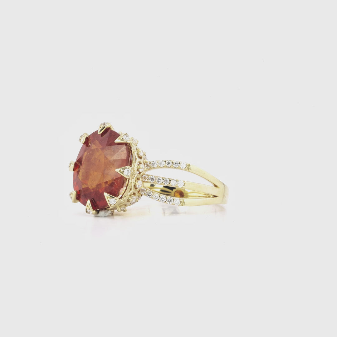 9.25 Cts Spessartite and White Diamond Ring in 18K Yellow Gold