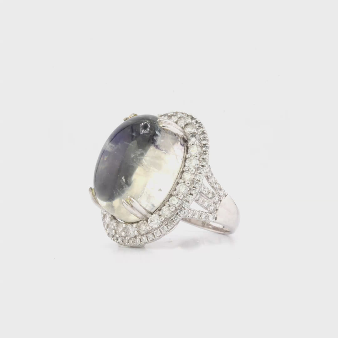 33.02 Cts Moonstone and White Diamond Ring in 18K White Gold