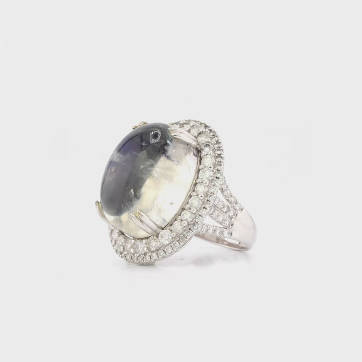 33.02 Cts Moonstone and White Diamond Ring in 18K White Gold