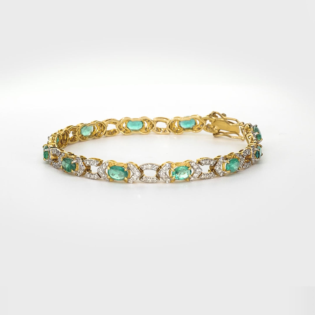 6.60 Cts Emerald and White Diamond Bracelet in 14K Two Tone