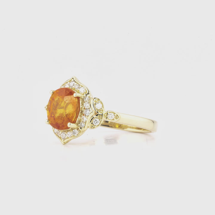 3.35 Cts Spessartite and White Diamond Ring in 14K Yellow Gold
