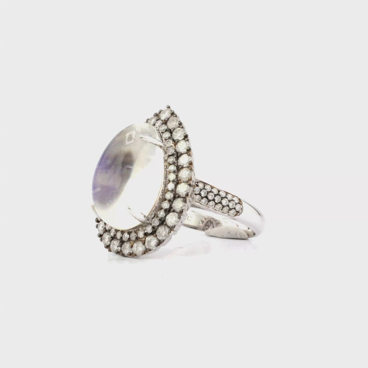 8.30 Cts Moonstone and White Diamond Ring in 18K Two Tone