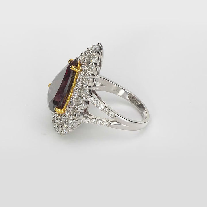 10.95 Cts Garnet and White Diamond Ring in 14K Two Tone