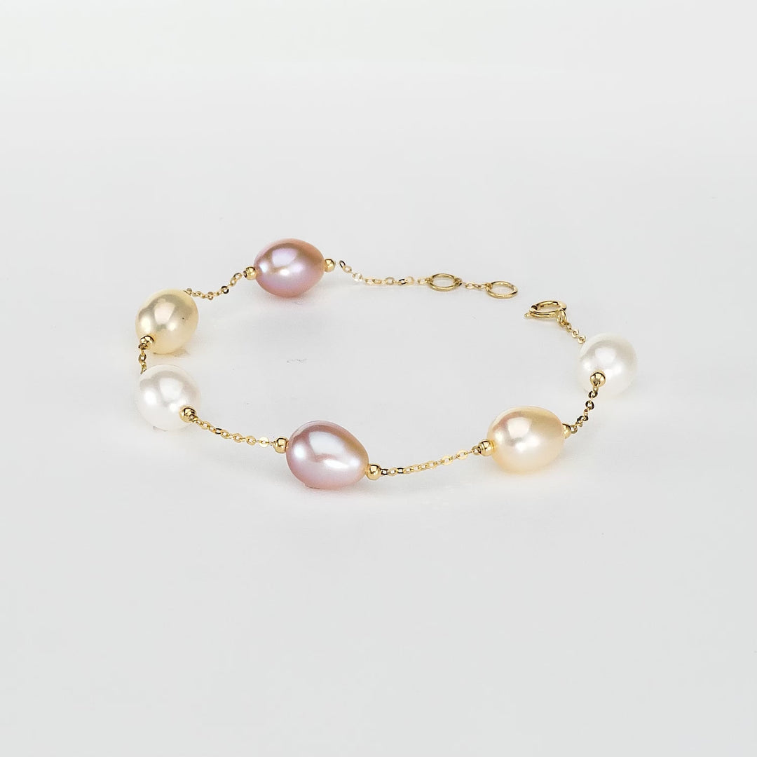 Multi Color Pearl Beaded Station Bracelet in 18K YG