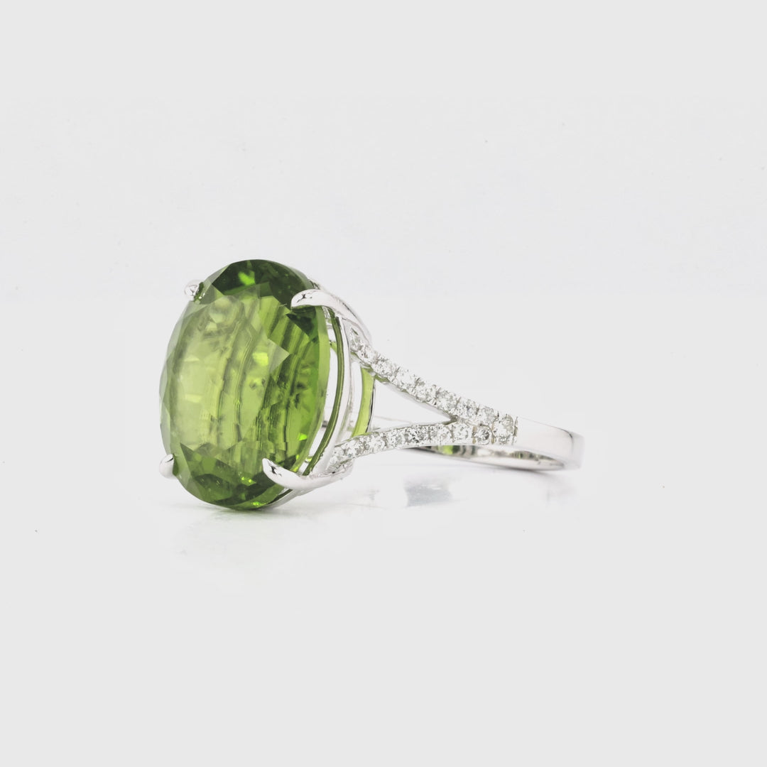12.29 Cts Peridot and White Diamond Ring in 14K White Gold