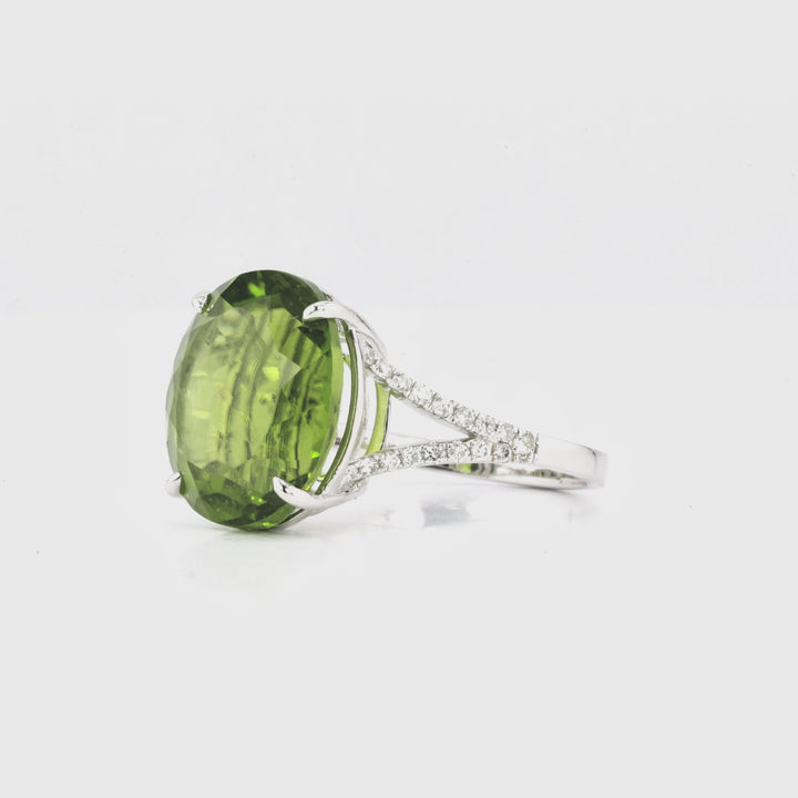 12.29 Cts Peridot and White Diamond Ring in 14K White Gold