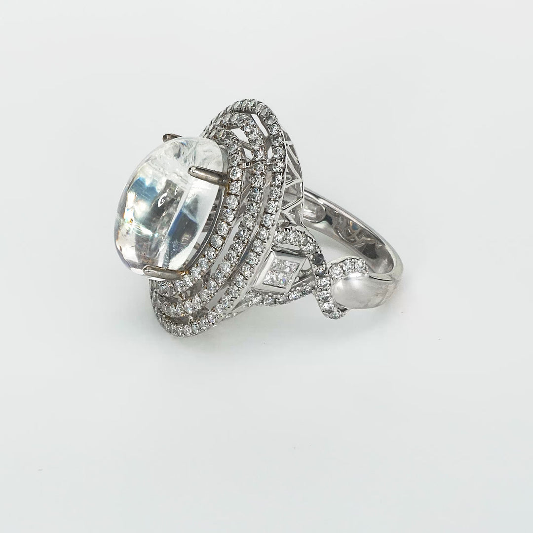 9.50 Cts Moonstone and White Diamond Ring in 14K White Gold