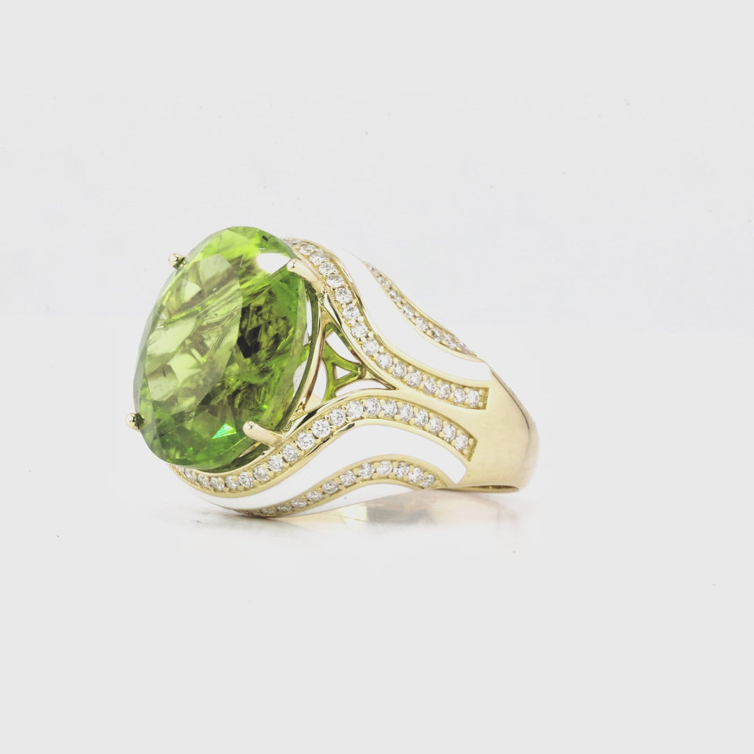 14.15 Cts Peridot and White Diamond Ring in 14K Yellow Gold