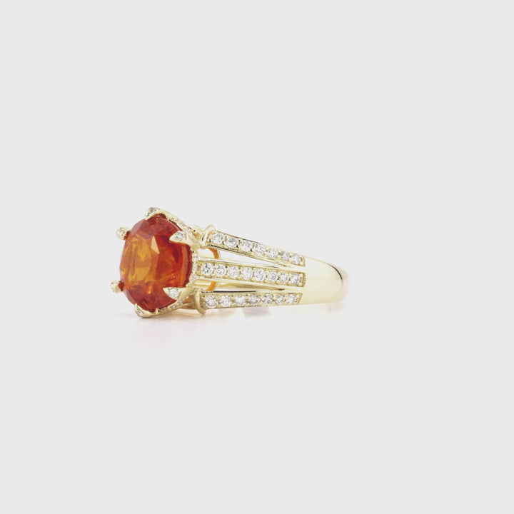 4.16 Cts Spessartite and White Diamond RIng in 14K Yellow Gold