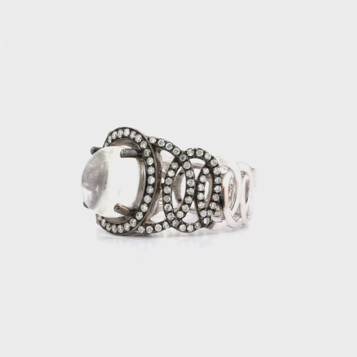 4.05 Cts Moonstone and White Diamond Ring in 14K Two Tone