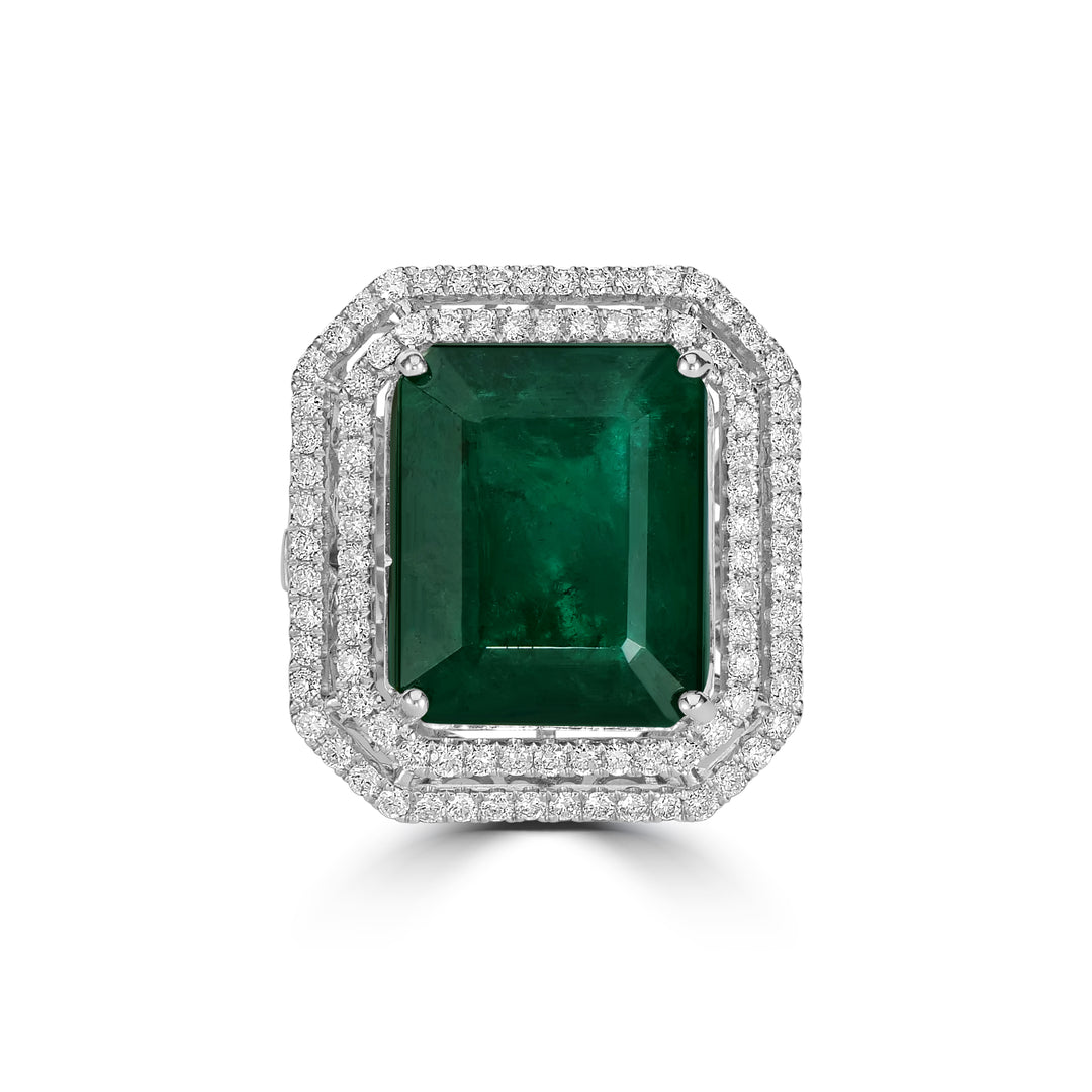 15.69 Cts Emerald and White Diamond Ring in 18K White Gold
