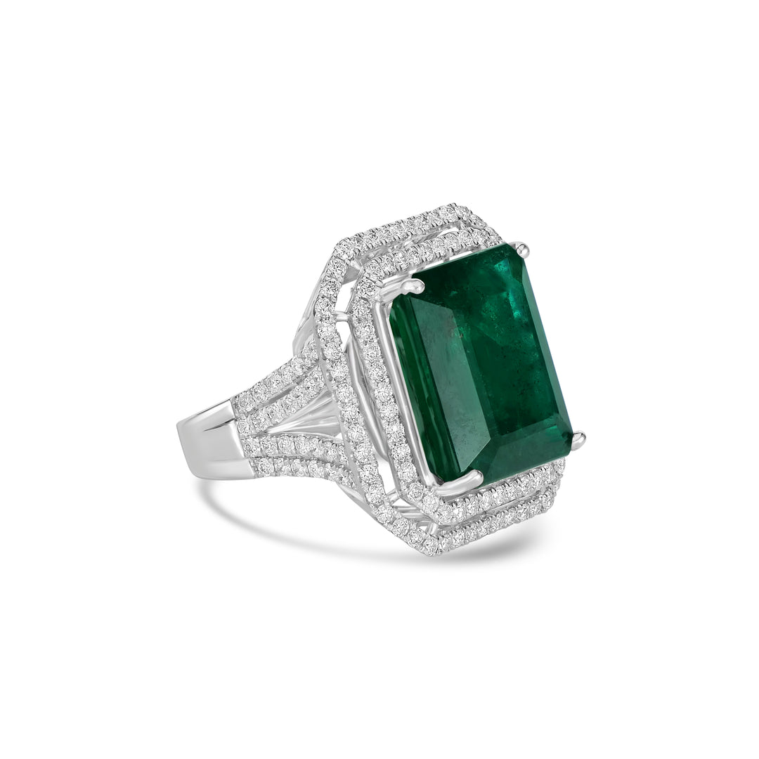 15.69 Cts Emerald and White Diamond Ring in 18K White Gold