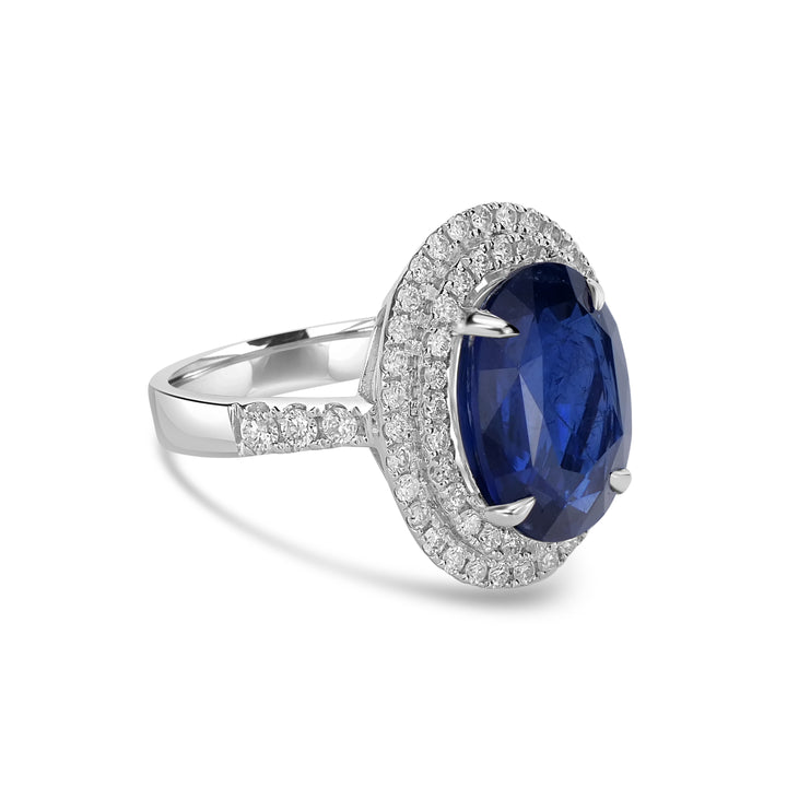 7.95 Cts Blue Sapphire and White Diamond Ring in 14K White Gold