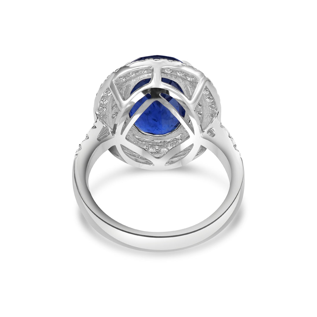 7.95 Cts Blue Sapphire and White Diamond Ring in 14K White Gold