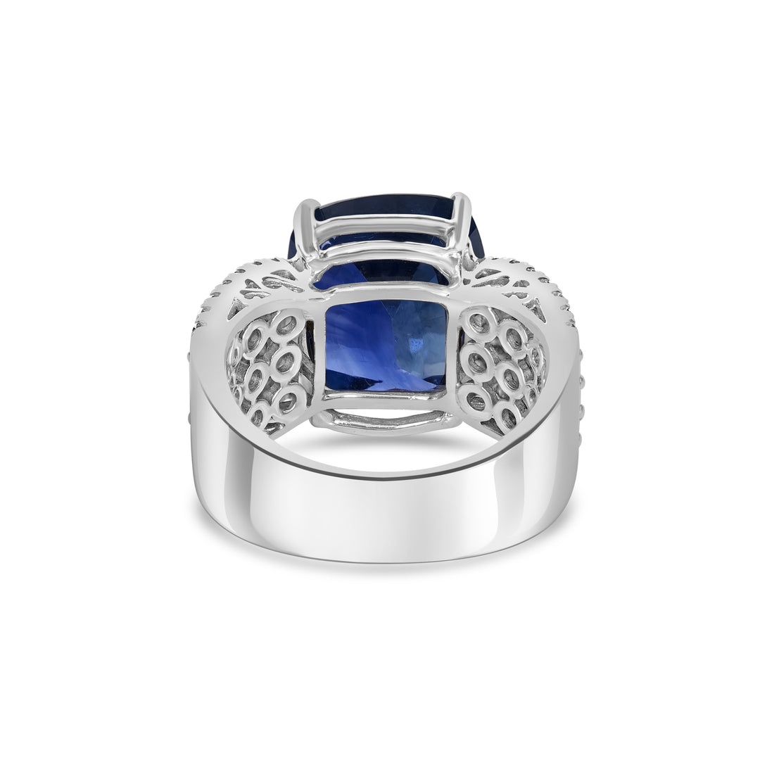 14.16 Cts Blue Sapphire and White Diamond Ring in 14K White Gold