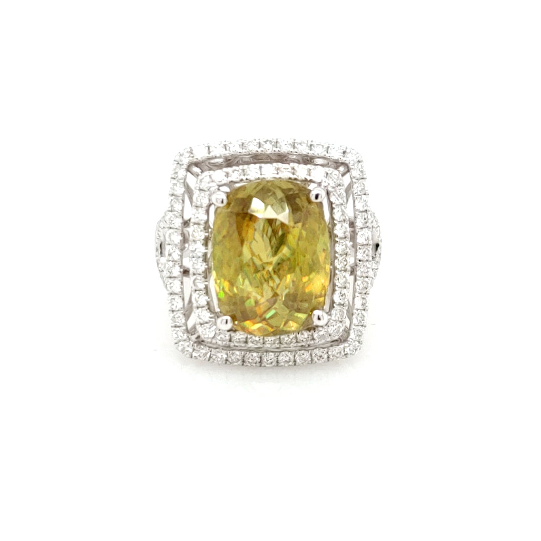8.08 Cts Sphene and White Diamond Ring in 14K White Gold