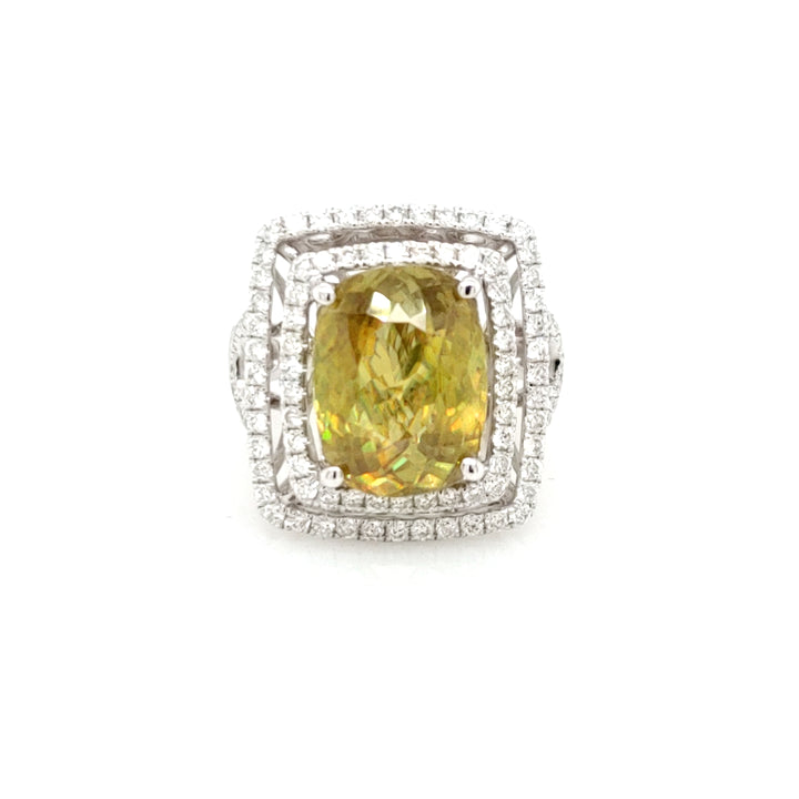 8.08 Cts Sphene and White Diamond Ring in 14K White Gold