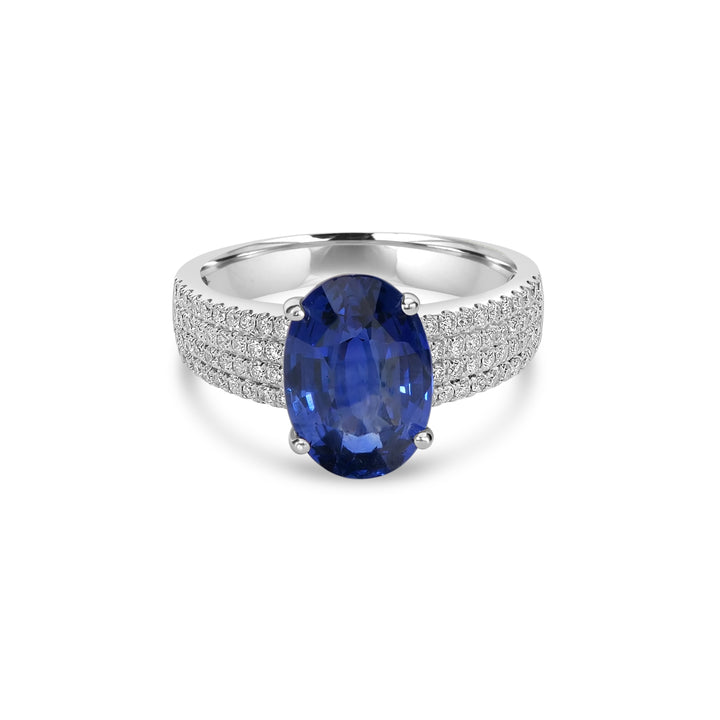 4.08 Cts Blue Sapphire and White Diamond Ring in 14K White Gold