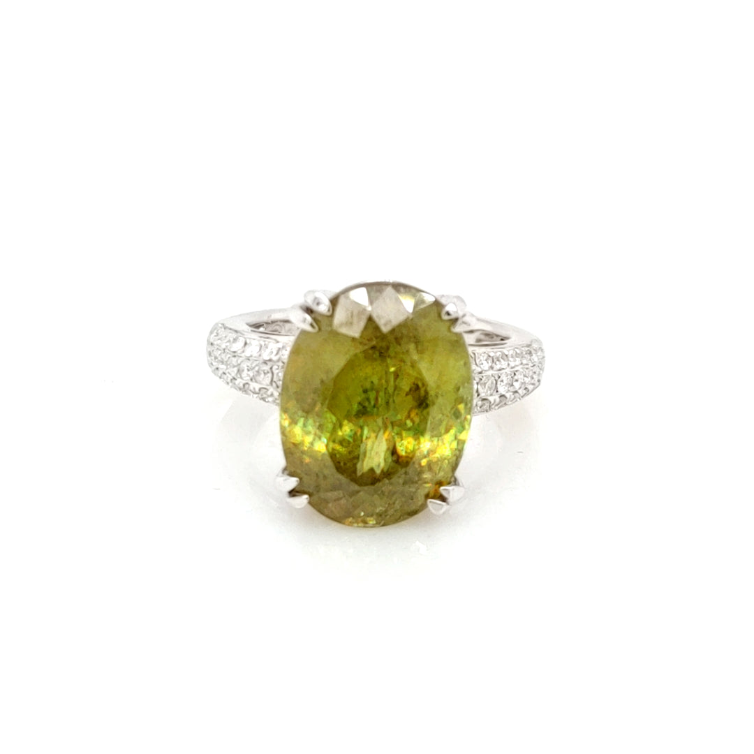 12.34 Cts Sphene and White Diamond Ring in 14K White Gold