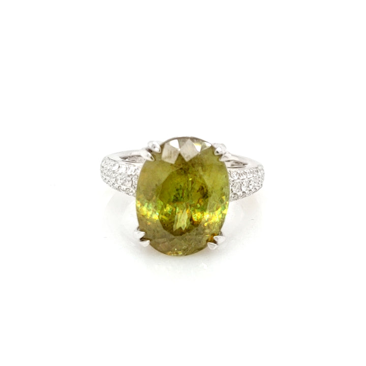 12.34 Cts Sphene and White Diamond Ring in 14K White Gold