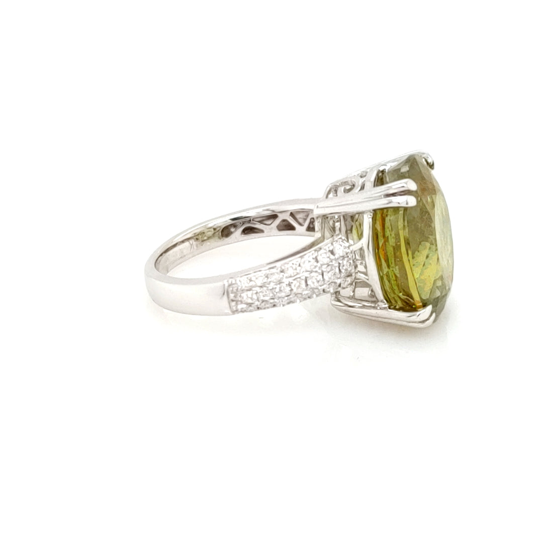 12.34 Cts Sphene and White Diamond Ring in 14K White Gold