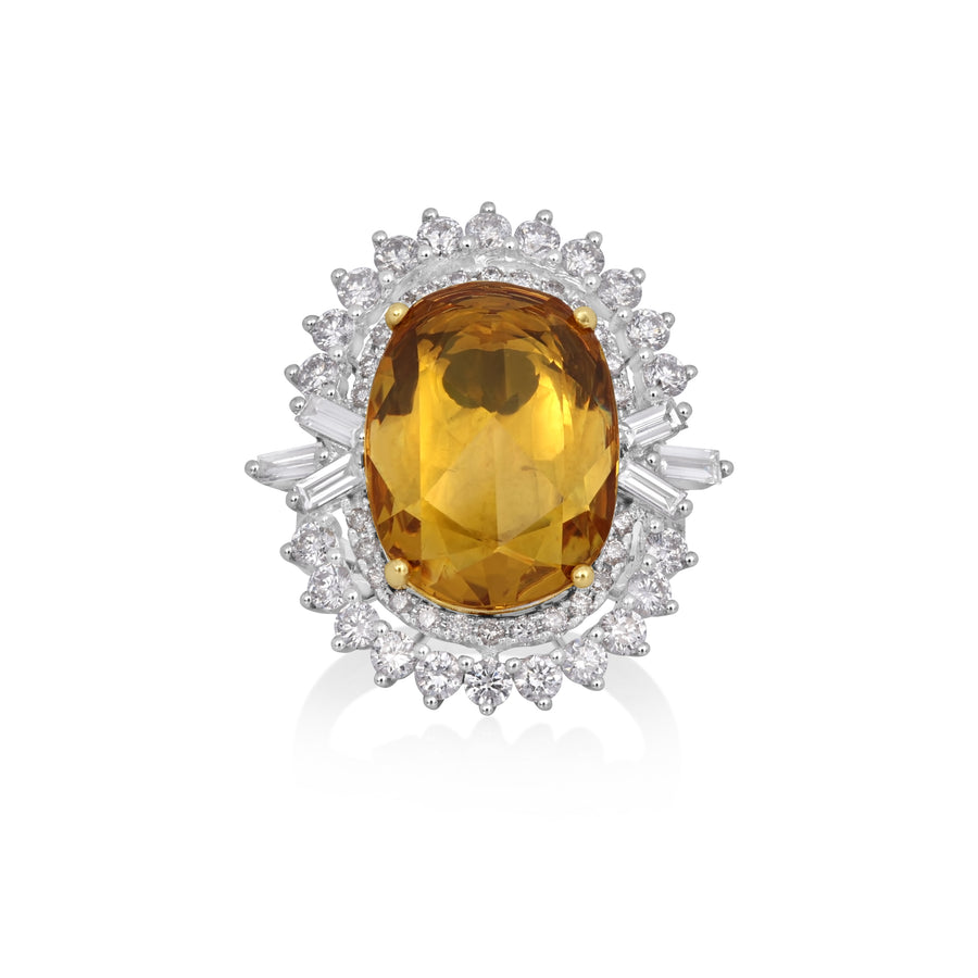 9.21 Cts Yellow Sapphire and White Diamond Ring in 18K Two Tone