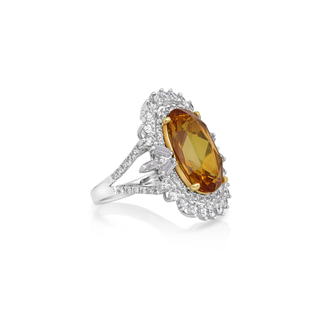 9.21 Cts Yellow Sapphire and White Diamond Ring in 18K Two Tone