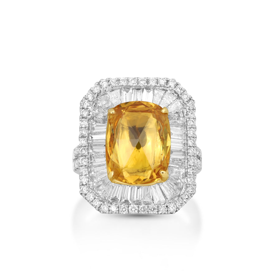 4.58 Cts Yellow Sapphire and White Diamond Ring in 18K Two Tone