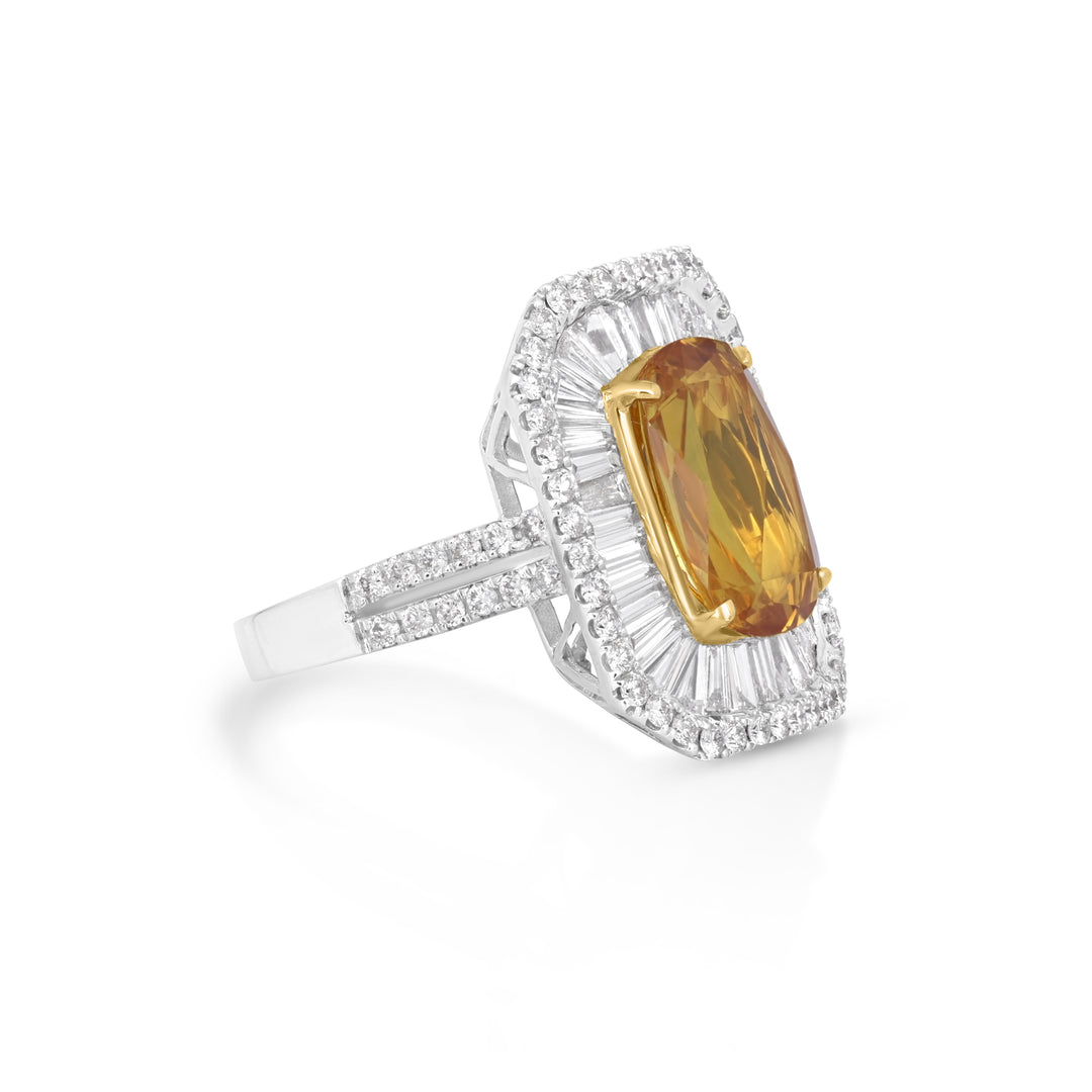 4.58 Cts Yellow Sapphire and White Diamond Ring in 18K Two Tone
