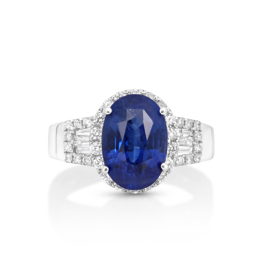 4.84 Cts Blue Sapphire and White Diamond Ring in 14K White Gold