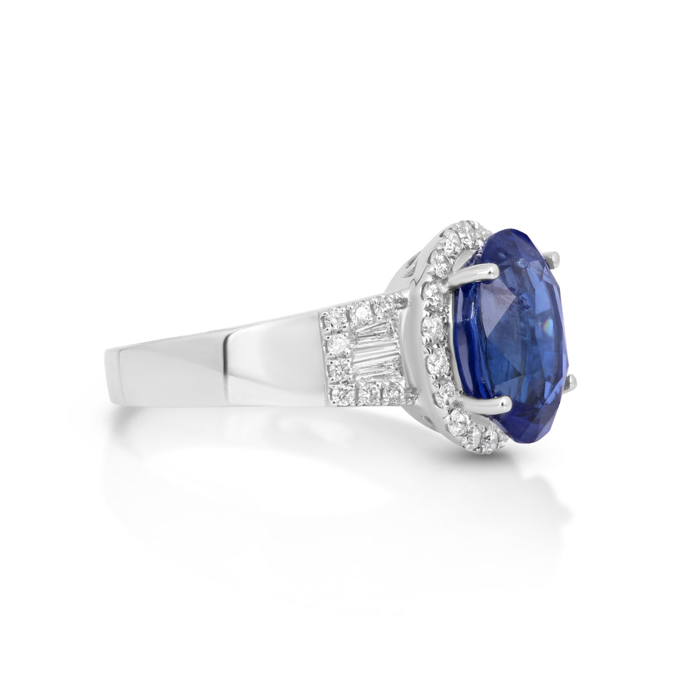 4.84 Cts Blue Sapphire and White Diamond Ring in 14K White Gold
