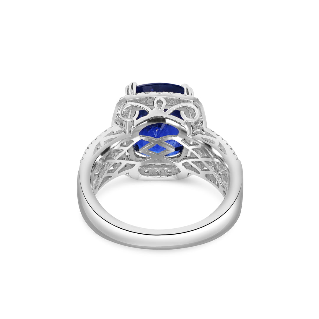 8.26 Cts Blue Sapphire and White Diamond Ring in 14K White Gold