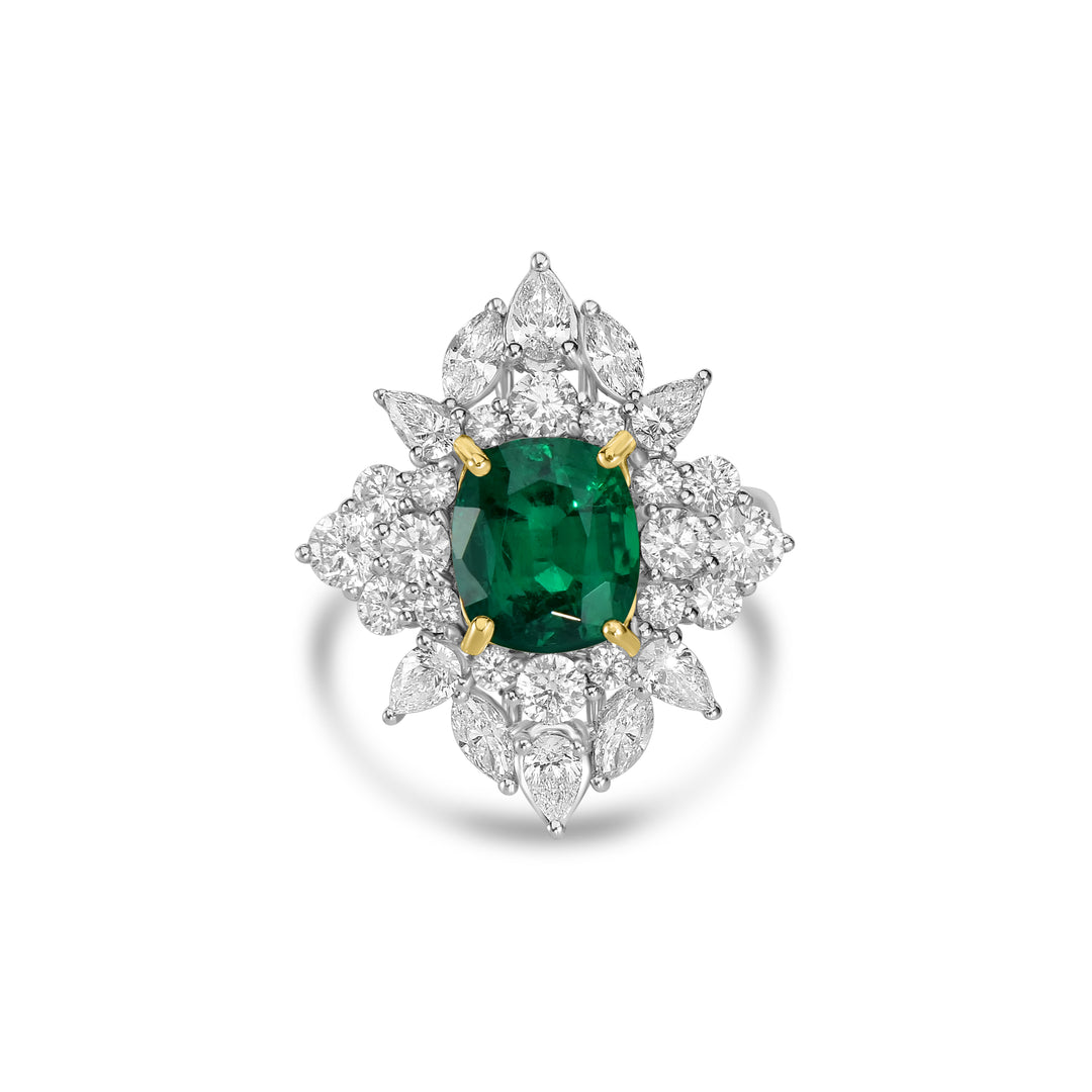 3.25 Cts Zambian Emerald and White Diamond Ring in 18K Two Tone