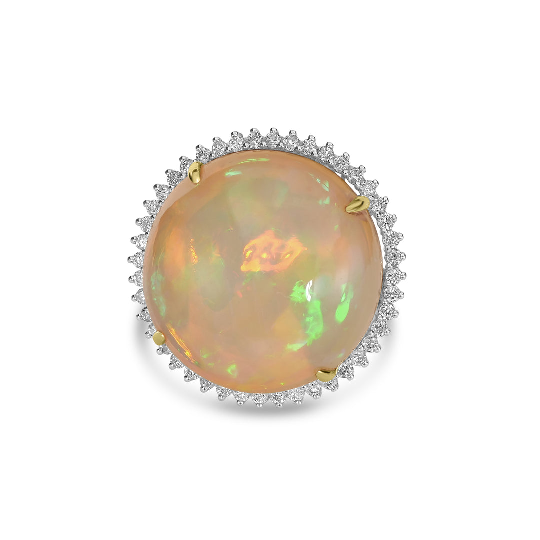 28.55 Cts White Opal and White Diamond Ring in 18K Two Tone