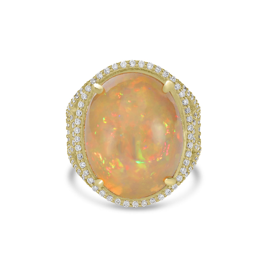 22.80 Cts Ethiopian Opal and White Diamond Ring in 14K Yellow Gold