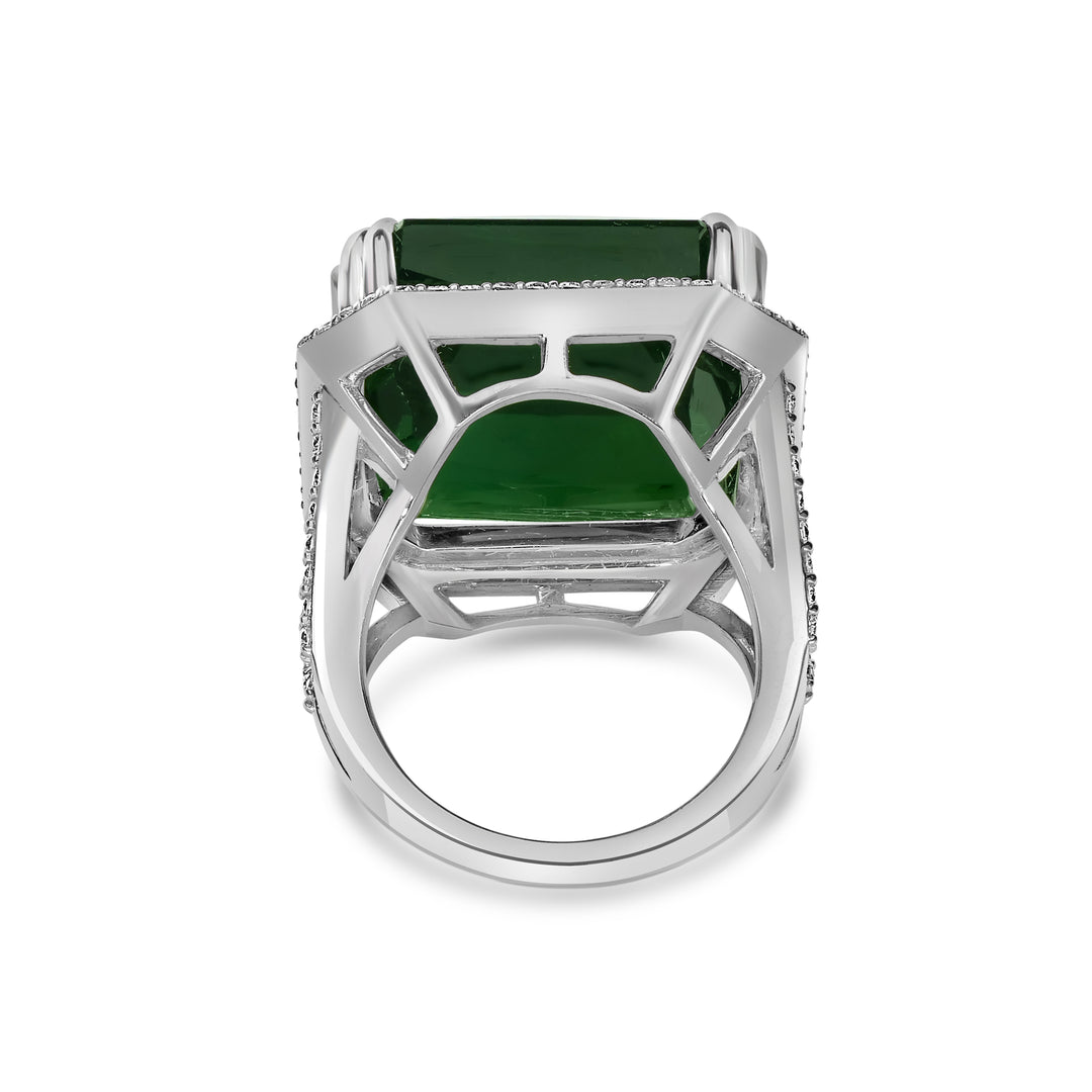 49.45 Cts Green Tourmaline and White Diamond Ring in 14K White Gold