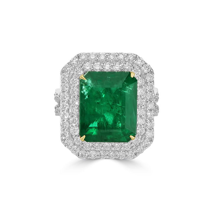 10.45 Cts Emerald and White Diamond Ring in 18K Two Tone