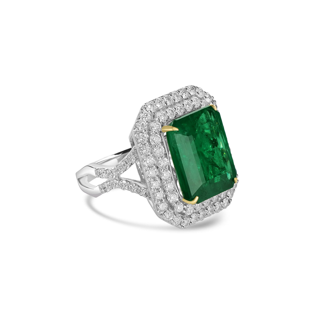 10.45 Cts Emerald and White Diamond Ring in 18K Two Tone