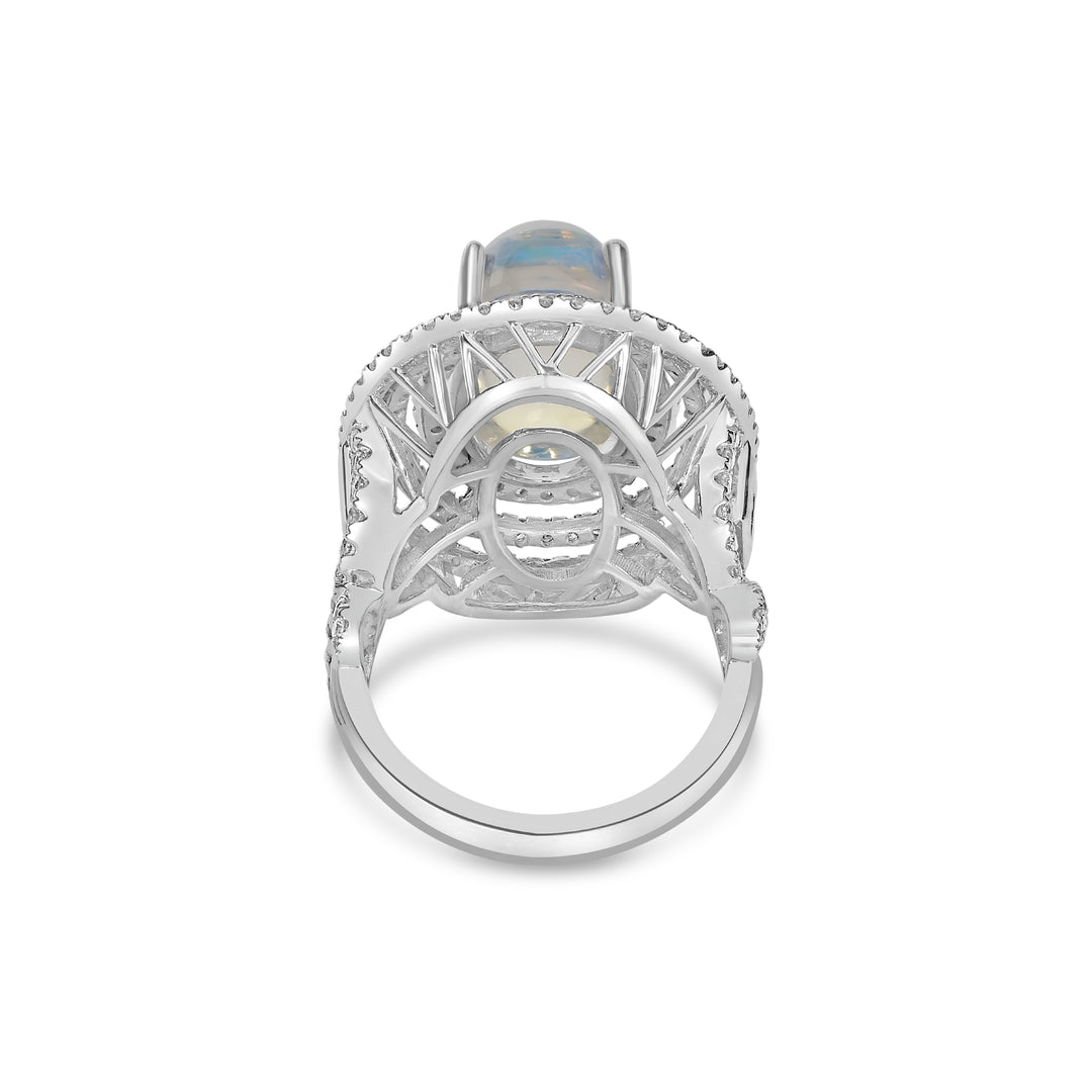 9.50 Cts Moonstone and White Diamond Ring in 14K White Gold