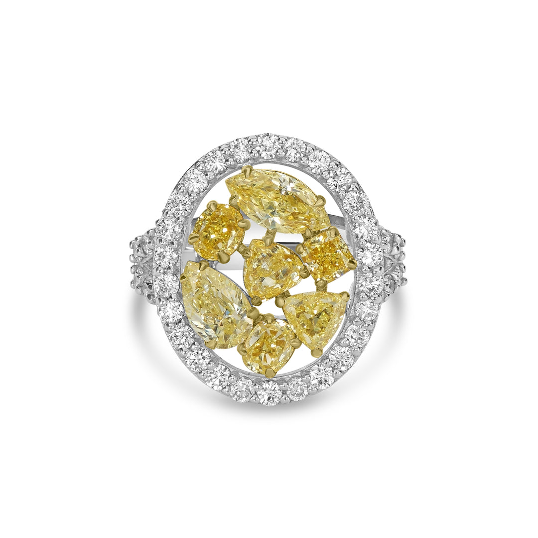 3.68 Cts Yellow Diamond and White Diamond Ring in 18K Two Tone