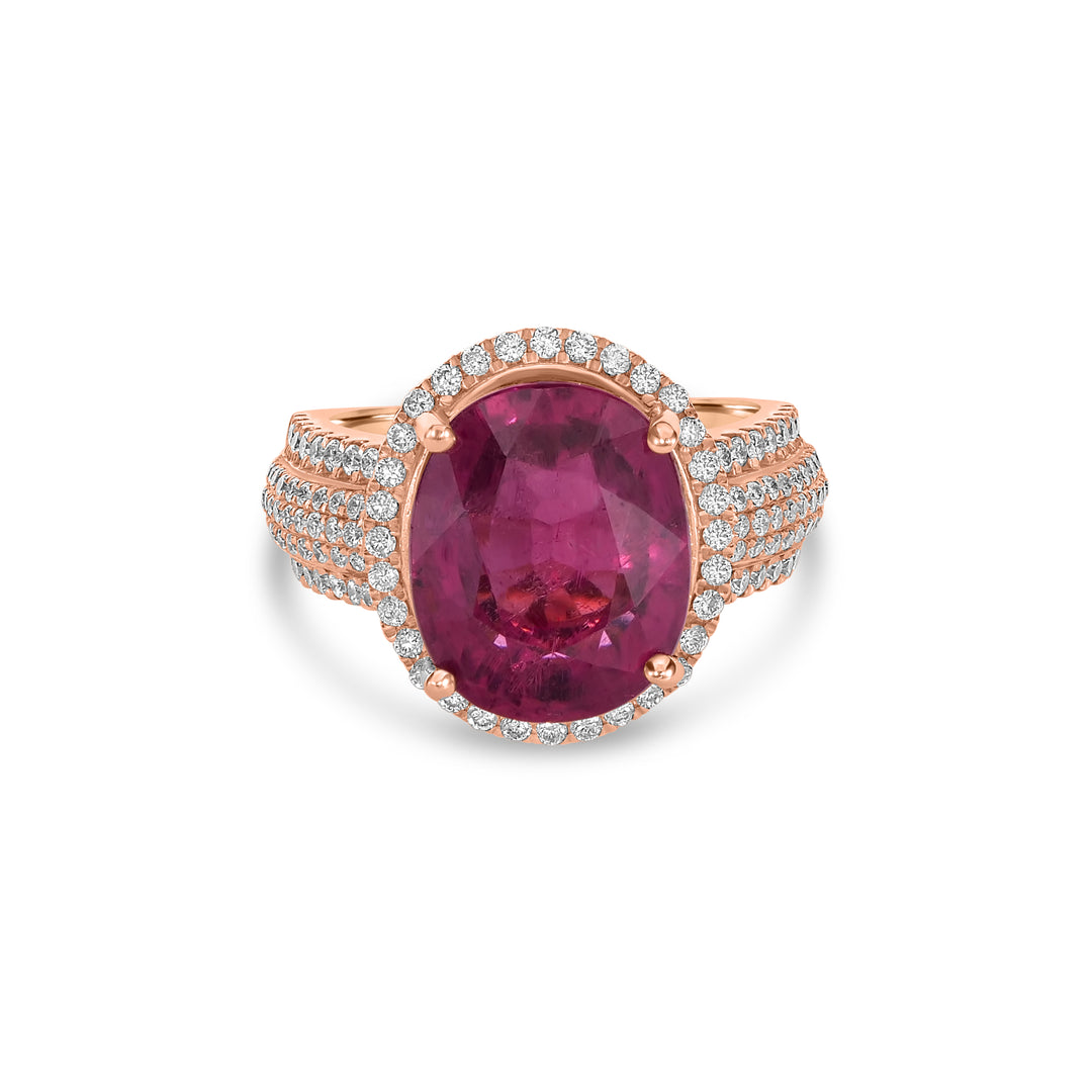 8.56 Cts Rubellite and White Diamond Ring in 14K Rose Gold
