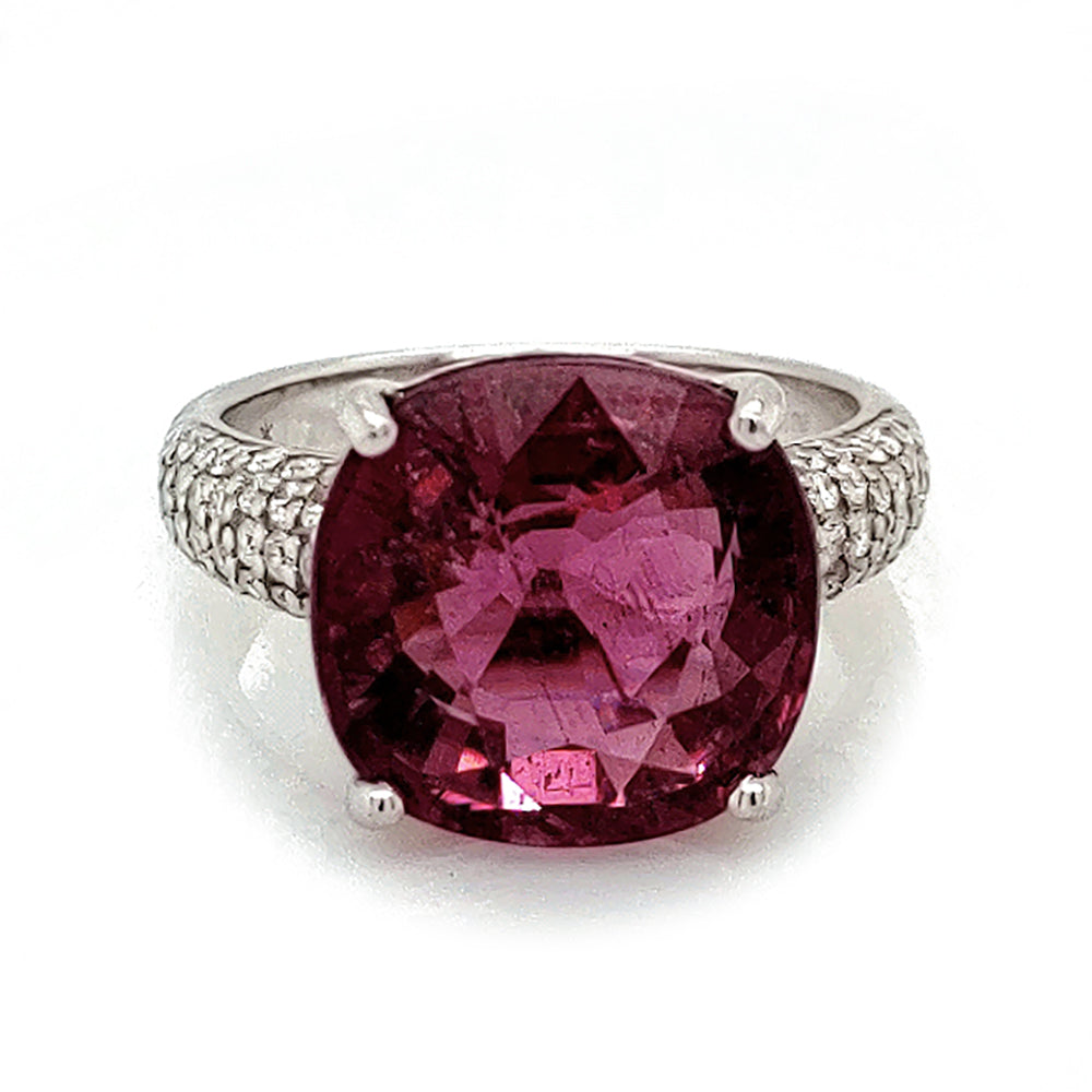 10.60 Cts Rubellite and White Diamond Ring in 14K White Gold