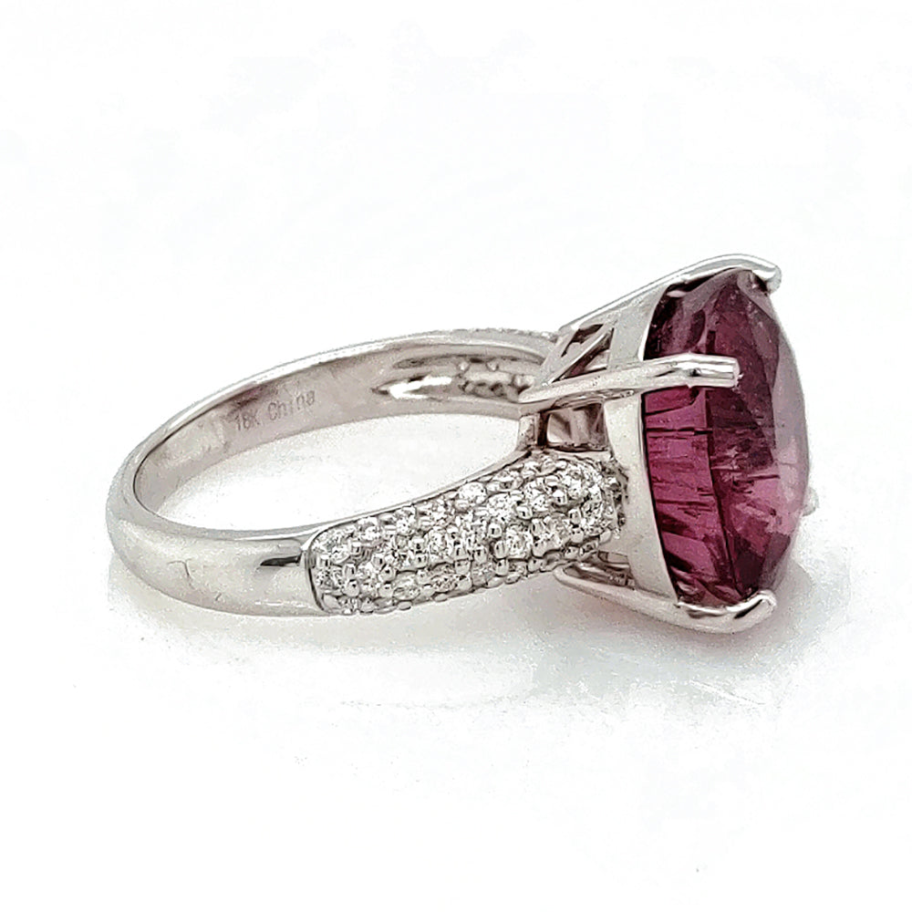 10.60 Cts Rubellite and White Diamond Ring in 14K White Gold