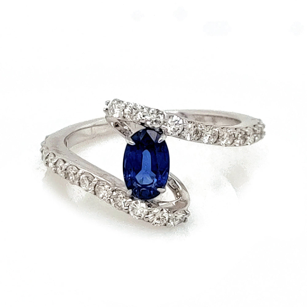 1.11 Cts Blue Sapphire White  Diamond Ring in 14K White Gold