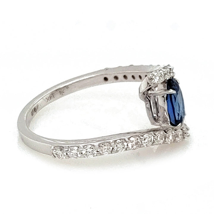 1.11 Cts Blue Sapphire White  Diamond Ring in 14K White Gold
