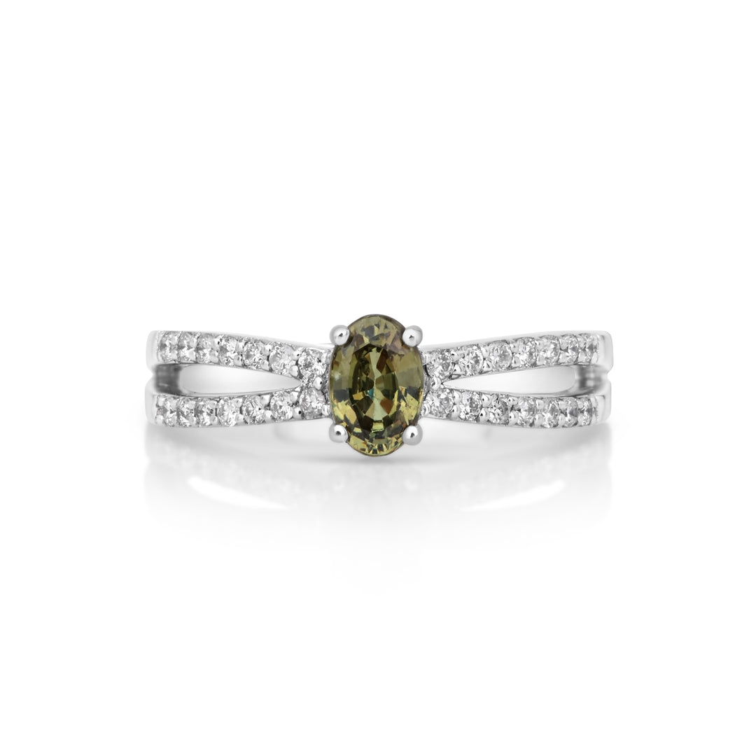 0.7 Cts Demantoid and White Diamond Ring in 14K White Gold