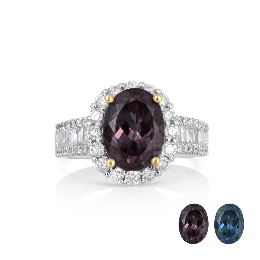 4.38 Cts Color Change Garnet and White Diamond Ring in 14K Two Tone