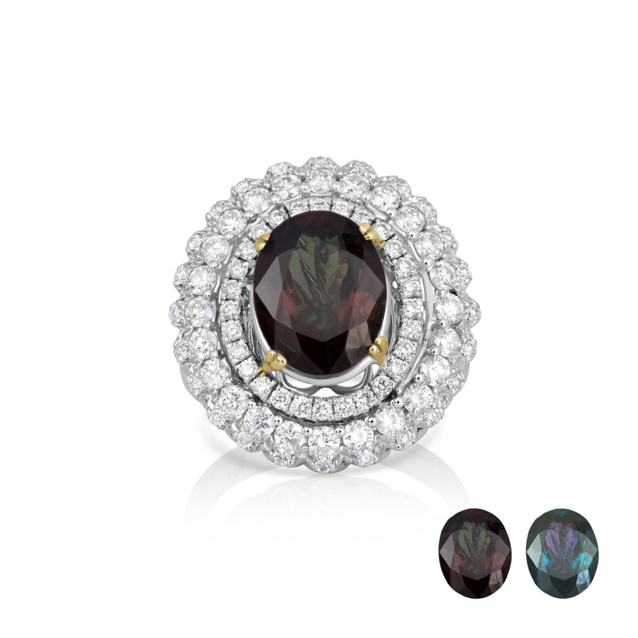 4.74 Cts Color Change Garnet and White Diamond Ring in 14K Two Tone