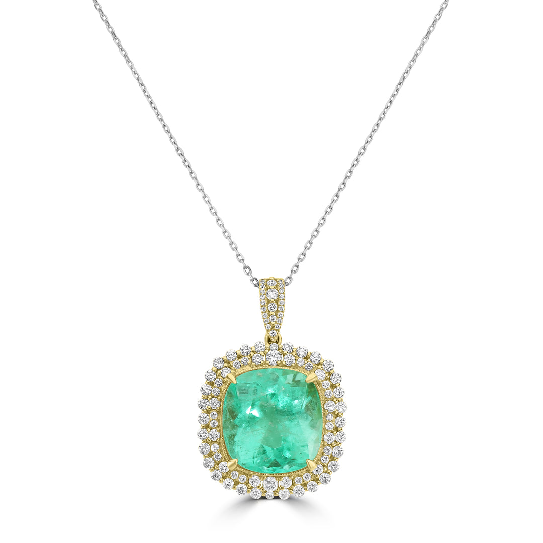 21.68 Cts Colombian Emerald and White Diamond Pendant in 14K Yellow Gold