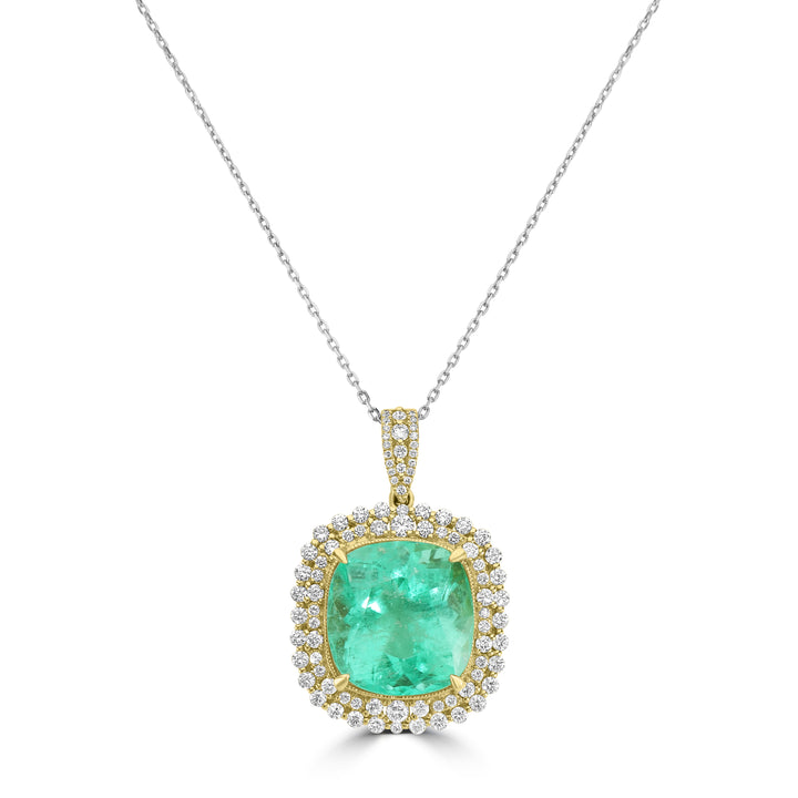 21.68 Cts Colombian Emerald and White Diamond Pendant in 14K Yellow Gold